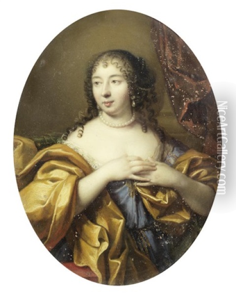Portrait Of A Lady, Half-length, In A Blue Dress With A Gold Shawl Oil Painting - Pierre Mignard the Elder