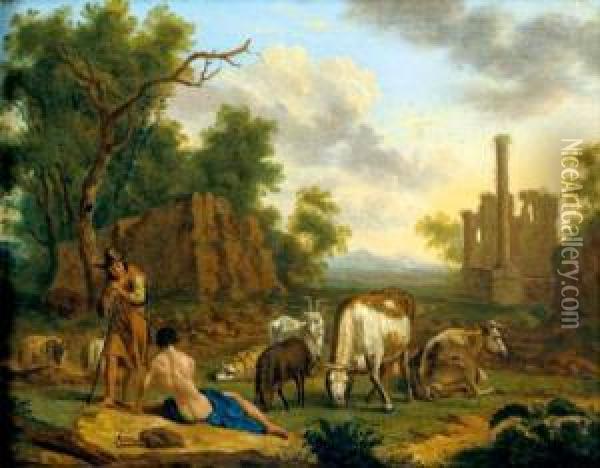 Scene Pastorale Dans Des Ruines Antiques Oil Painting - Dirk van Bergen
