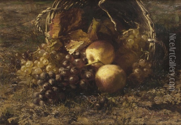 A Wicker Basket With Grapes And Apples On A Forest Floor Oil Painting - Gerardina Jacoba van de Sande Bakhuyzen