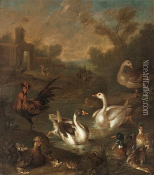 Parklandschaft Mit Schwanen, Enten Und Huhnern Oil Painting - Johann Georg de Hamilton