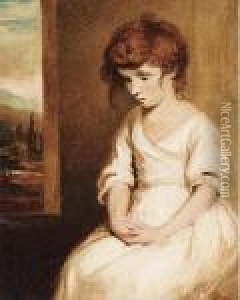 Girl Crying; And Girl Leaning On A Pedastal Oil Painting - Sir Joshua Reynolds
