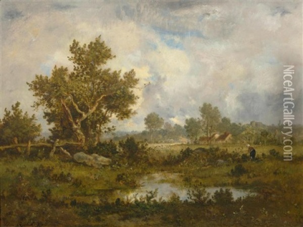Woman Gathering Brushwood Near A Pond Oil Painting - Leon Richet