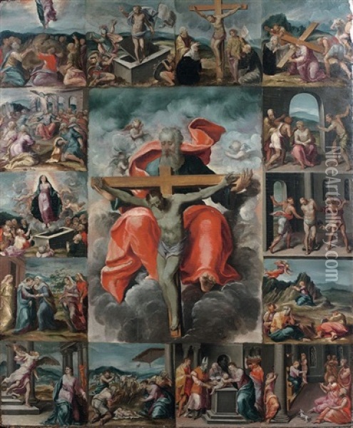 Le Christ En Croix Dans Les Bras De Dieu Le Pere Entoure De Scenes De La Vie Du Christ Oil Painting - Marco da Siena Pino