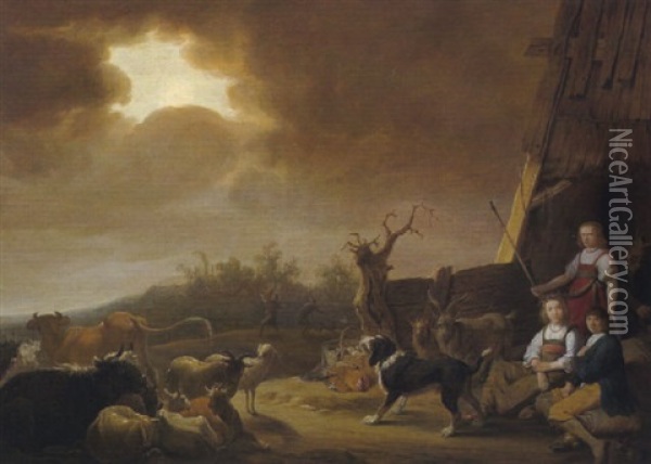 Hirten Mit Einem Hund Und Herde Vor Einem Bauernhaus In Einer Hollandischen Landschaft Oil Painting - Cornelis Saftleven
