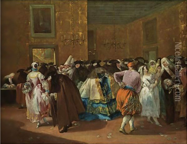 Venice, The Ridotto At Palazzo Dandolo, With Masked Figures Dancing And Conversing Oil Painting - Francesco Guardi