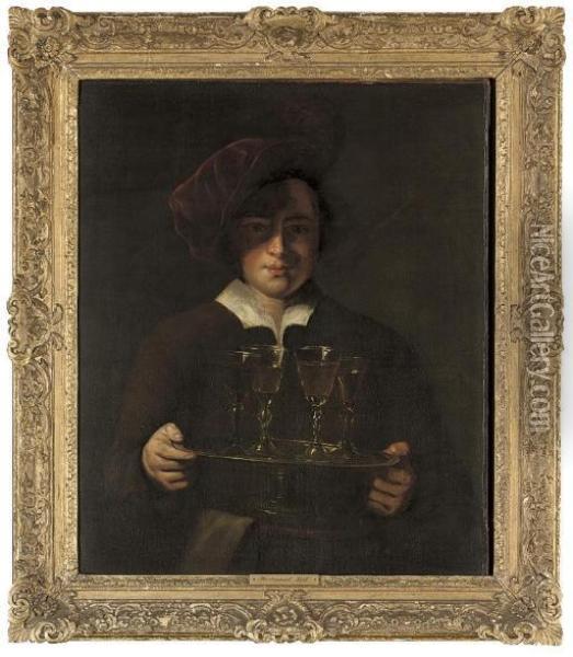 Portrait Of A Servant, Half-length, Carrying Four Glasses Of Wine On A Silver Tray Oil Painting - Ferdinand Bol