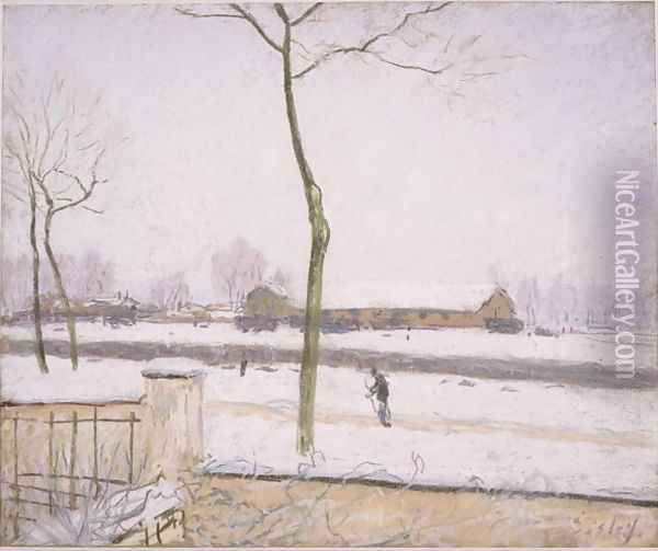 Railway Yards at Moret (Effet de Neige) Oil Painting - Alfred Sisley