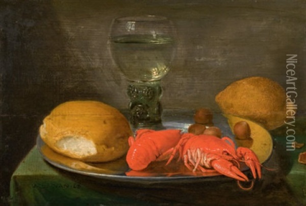 Stillleben Mit Romer, Hummer, Brotchen Und Zitrone Oil Painting - Jacob Fopsen van Es