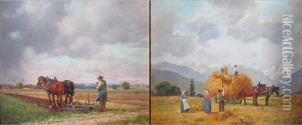 Pflugende Bauern (+ Getreideernte; Pair) Oil Painting - Peter Eichhorn