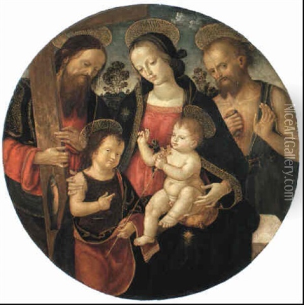 The Madonna And Child With The St. John The Baptist, Andrew And Jerome Oil Painting - Bernardino Betti Pinturicchio