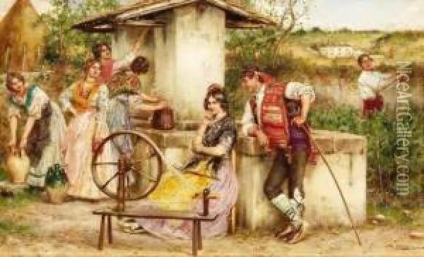 The Village Well Oil Painting - Agustin Salinas Y Teruel