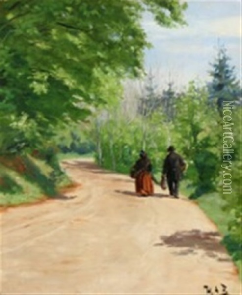 Spring Forest Road With A Couple Walking Oil Painting - Hans Andersen Brendekilde