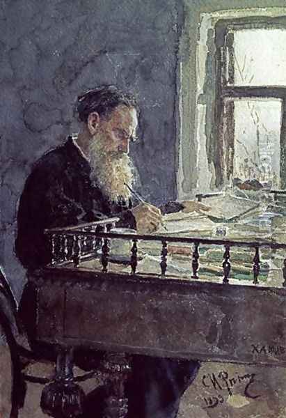 Lev Tolstoy (1828-1910) at work, 1893 Oil Painting - Ilya Efimovich Efimovich Repin