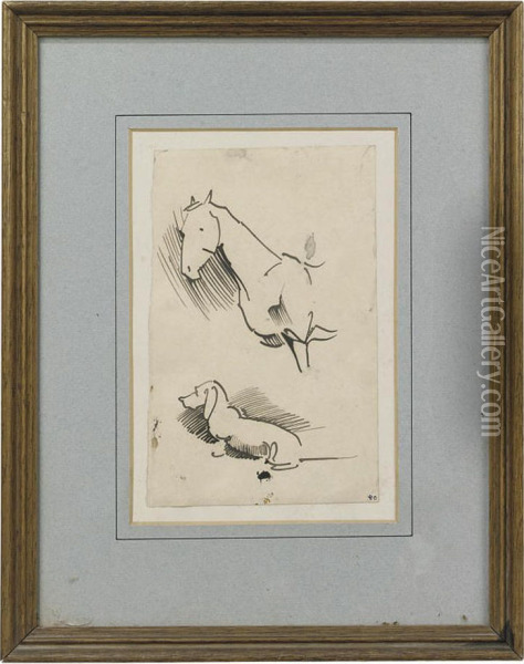 Two Sketches - A Horse And A Daschund Oil Painting - Joseph Ii Crawhall