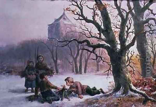 Children Playing in the Snow Oil Painting - R. Favelle
