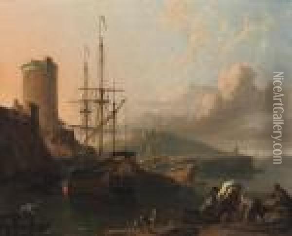 A Mediterranean Coastal Scene At
 Sunset With A Royal Yacht Beingcaulked, A Tower By A Fort Nearby, 
Sailors Unloading Cargo In Theforeground Oil Painting - Ludolf Backhuysen