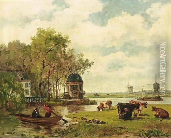 A Summer Landscape With A Tea House On The River Vecht Oil Painting - Willem Roelofs