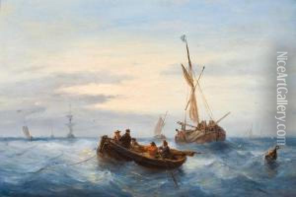 Roeiboot En Schepen Op Woelige Zee Oil Painting - George Willem Opdenhoff