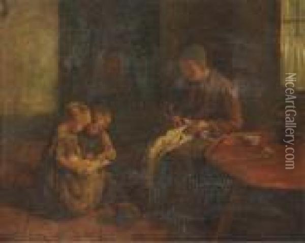 Children Reading In An Interior Oil Painting - Jacob Simon Hendrik Kever
