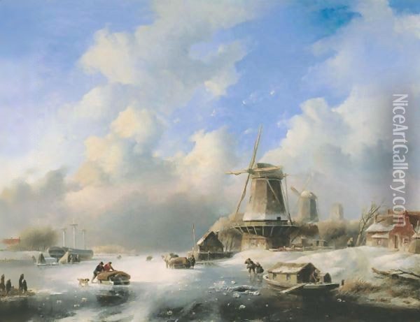 A Frozen Winter Landscape With Skaters By A Windmill Oil Painting - Jan Jacob Coenraad Spohler
