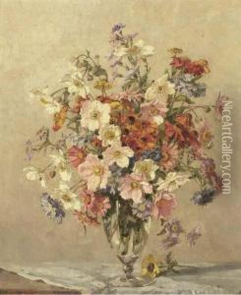 Summer Flowers In A Glass Vase On A Table Oil Painting - Freda, Nee Clulow Marston