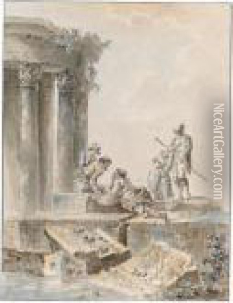 Figures In Conversation Among Roman Ruins, A Circular Temple To The Left Oil Painting - Hubert Robert