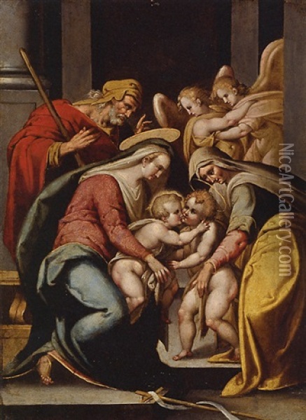 The Holy Family With Saint Elizabeth And The Infant Saint John The Baptist, With Two Angels Oil Painting - Bartolomeo Passarotti