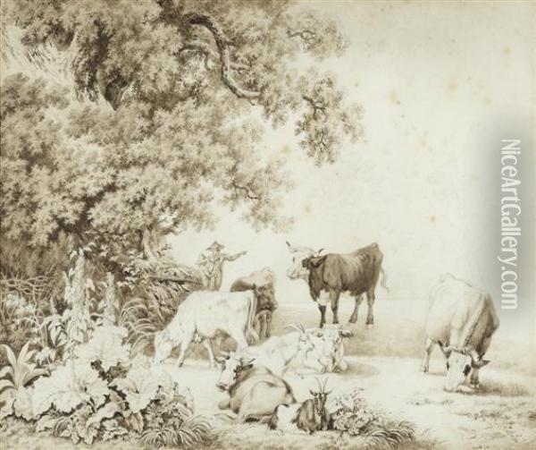 Idyllic
Landscape With Two Young Herdsmen, Cows And Goats Oil Painting - Pierre Louis Della Rive