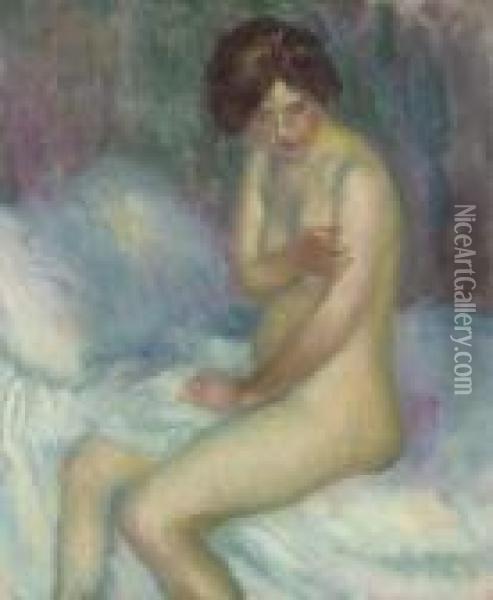 Nude Sitting On A Bed Oil Painting - William Glackens