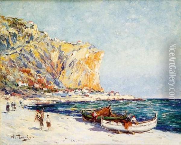 Barque Sur La Plage, Menton, Circa 1930 Oil Painting - William Georges Thornley