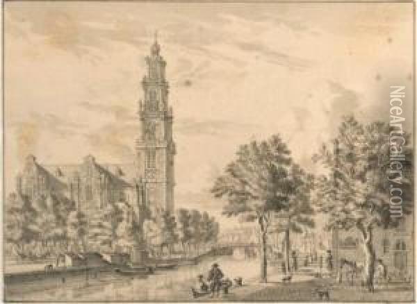 The Westerkerk On The Prinsengracht, Amsterdam, Seen From Thecorner Of The Bloemgracht Oil Painting - Jan De Beyer