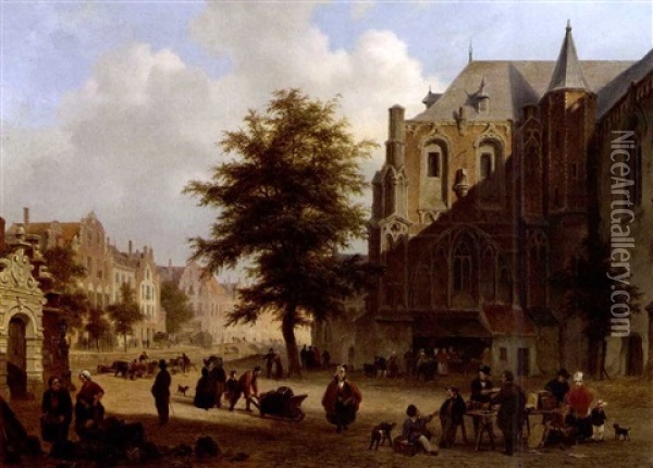 A Town Scene With Figures On A Market Square Oil Painting - Bartholomeus Johannes Van Hove