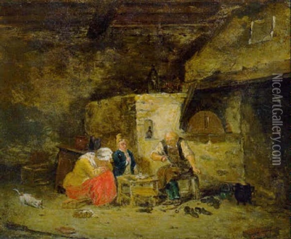 A Cobbler At Work And His Family In An Interior Oil Painting - Nicolas Louis Albert de LaRiva