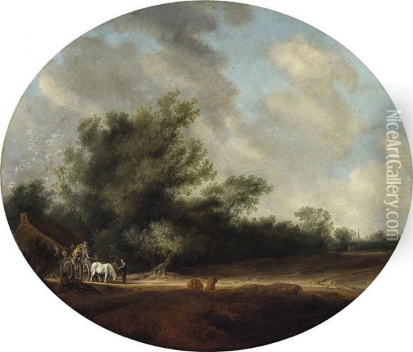Landschaft Mit Bauerngehoft Flusslandschaft Mit Fahre Oil Painting - Salomon van Ruysdael