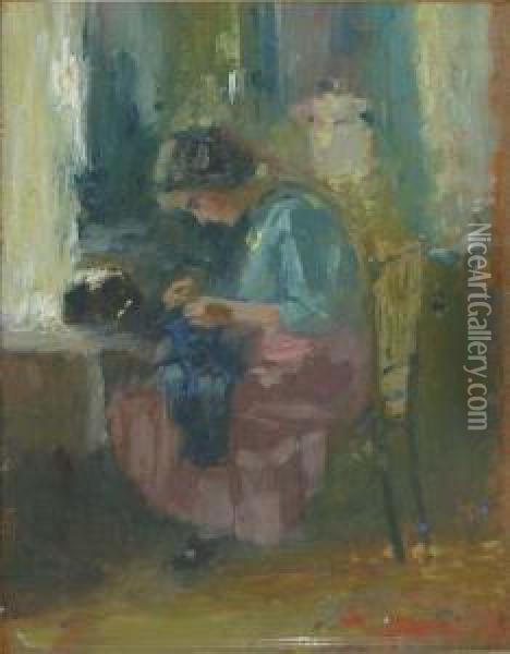 Interior Cu Femeie Citind Oil Painting - Ipolit Strambu