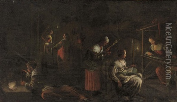 Women Weaving In A Candlelit Interior Oil Painting - Jacopo dal Ponte Bassano