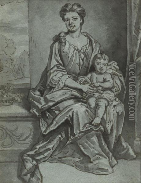 Portrait Of A Lady With A Child On Her Knee Oil Painting - Robert Byng
