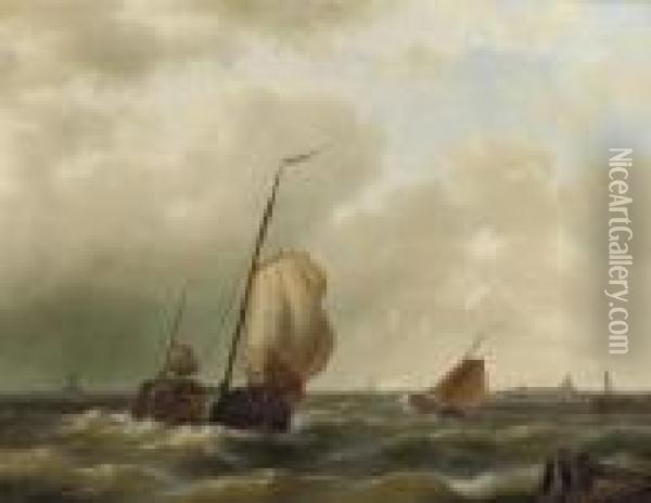 Sailing Vessels On Choppy Water Oil Painting - Abraham Hulk Jun.
