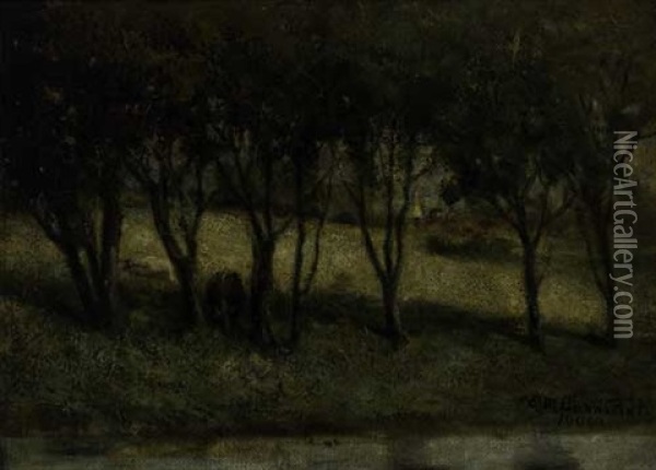 Untitled - Cows In Pasture, Near A Stream Oil Painting - Edward Bannister
