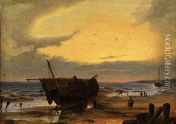 Meeresufer Mit An Land Gezogenem Oil Painting - August Wilhelm John