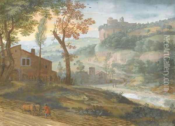 A river landscape with a farmer ploughing in the foreground, a castle seen beyond Oil Painting - Jacques Stella