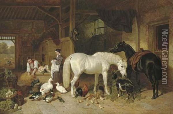 A Barn Interior With Figures And Livestock Oil Painting - John Frederick Herring Snr