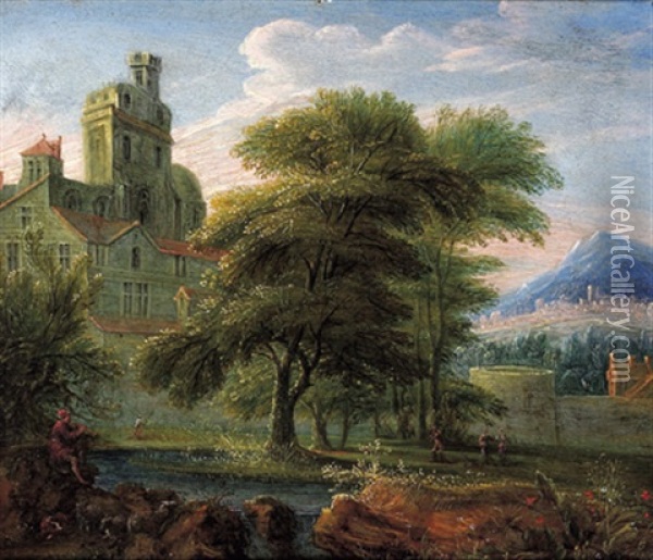 Bewaldete Flusslandschaft Mit Einem Schloss Und Einem Auf Der Schalmei Spielenden Hirten Oil Painting - Theodore van Heil