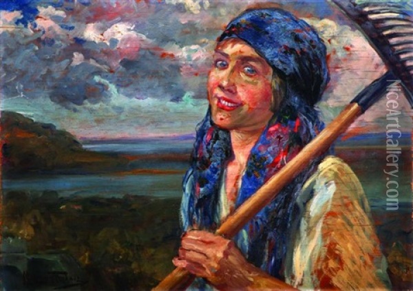 Woman With A Shovel Oil Painting - Maurycy Trebacz