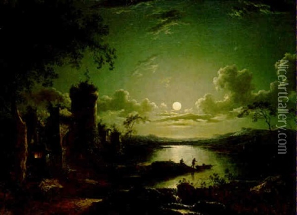 Moonlit Landscape With Figure And Ruined Castle By A Lake Oil Painting - Sebastian Pether