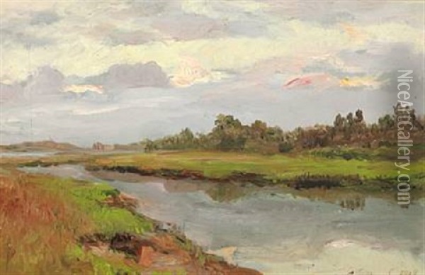 River Landscape At Summer Time, Russia Oil Painting - Sergei Semenovitch Egornov