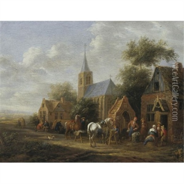 A Village Scene With Figures Conversing Before Cottages And Horses Eating From Mangers Oil Painting - Cornelisz van Essen