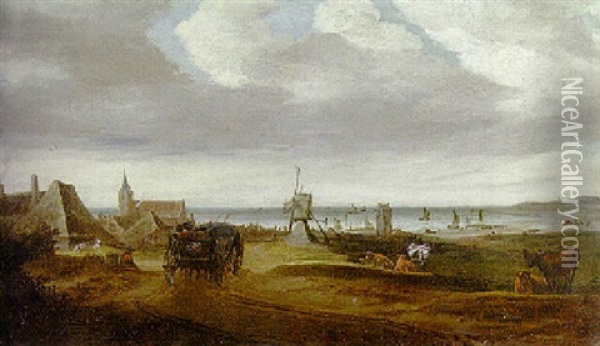 A Coastal Town With A Windmill On The Dunes Oil Painting - Salomon van Ruysdael