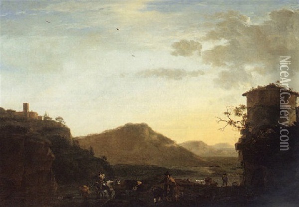 An Italianate Landscape With Herders Watering Their Animals At Sunset In A River By A Ruined Tower Oil Painting - Jan Asselijn