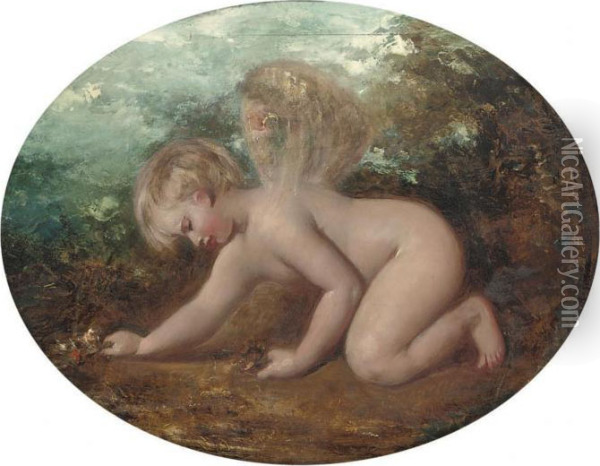 A Putto Collecting Flowers, In An Oval Mount Oil Painting - William Etty